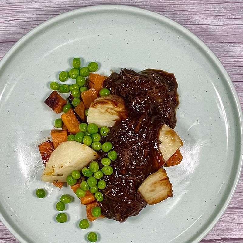 Westbourne Ln. Slow Cooked Beef, Roast Vegetables, Peas, Red Wine Jus
