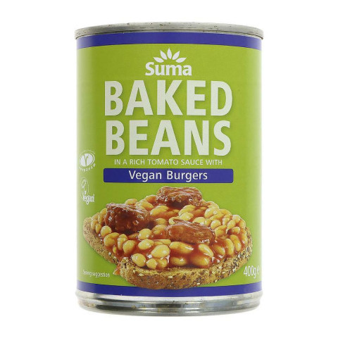 Suma Baked Beans with Vegan Burgers