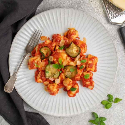 Food St Davide's Gnocchi with Cherry Tomatoes Zucchini and Almonds