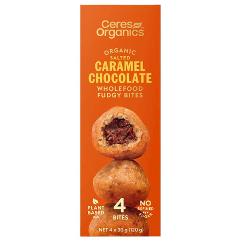 Raw dates, cashew butter (cashews, natural sea salt), raw agave syrup, coconut, rice flour, raw cacao butter, raw cacao powder, sea salt, natural antioxidant (green tea extract), natural chocolate flavour. Allergens contains cashews. Made on the same line Fudgy Bites Salted Caramel Chocolate