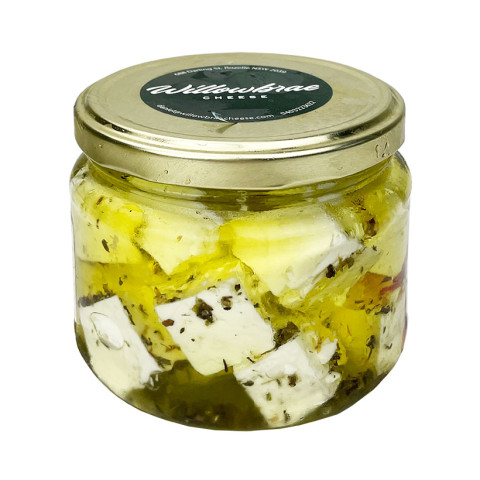 Willowbrae Cheese Marinated Goat Fetta in Oil, Vinegar, Chillies, Garlic and Herbs