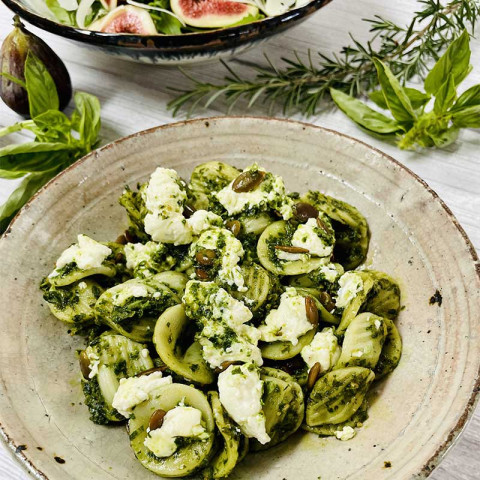 Westbourne Ln. Orecchiette, Basil Kale Pesto, Ricotta, Pepitas