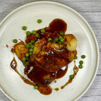 Westbourne Lane Herb Roast Chicken, Pumpkin, Potatoes, Peas, Red Wine Jus